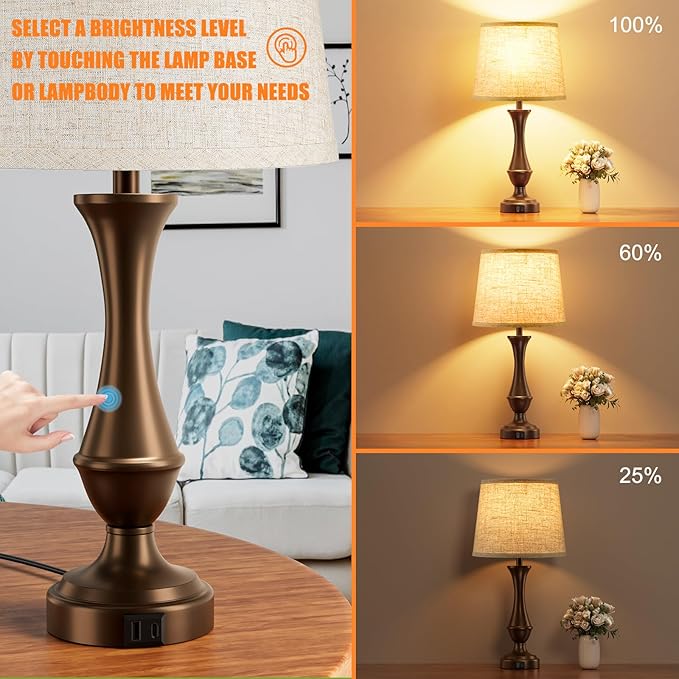 Seealle Upgraded Touch Lamps for Night Stands Set of 2 - Bedside Lamps with USB C+A, 3 Way Dimmable for Bedroom Living Room End Tables Office (Beige& Brown) - Bloomnest