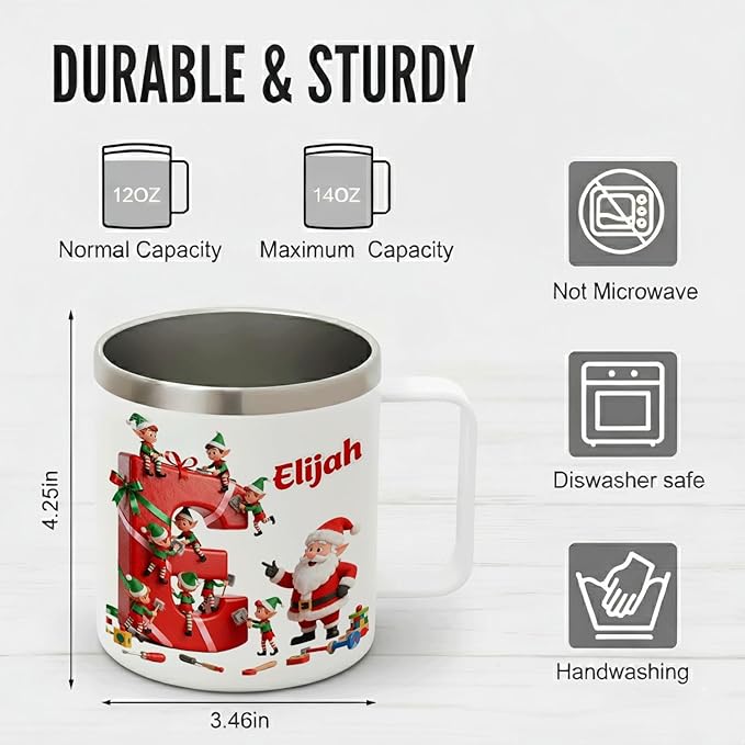 Personalized Christmas Mug | Custom Santa's Workshop Initial Insulated Coffee Cup with Handle & Lid | 12oz Holiday Tumbler, Cute Elf Gift for Kids, Boys & Girls (B16) - Bloomnest