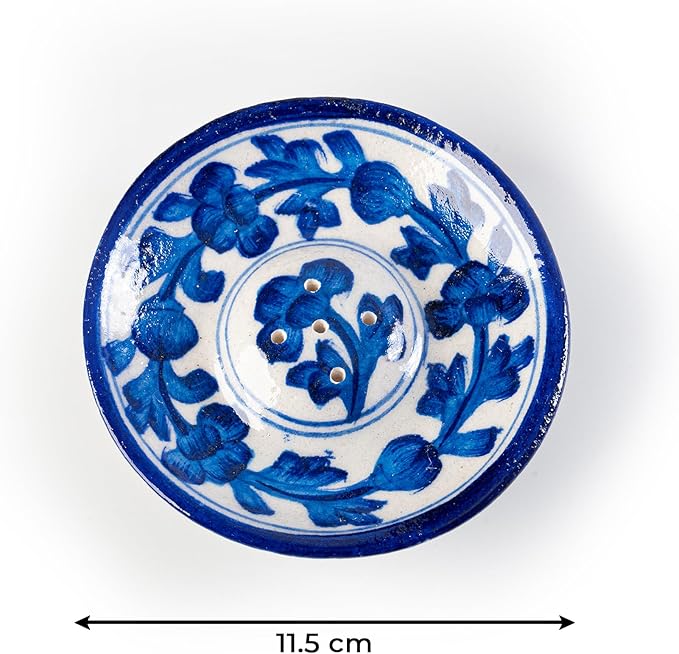 Blue Pottery Agarbatti Stand Ceramic Plate with Holes Handicrafted Designer Incense Holder Decorative Accessory for Home Office and Gifting (White and Blue Design-2) - Bloomnest