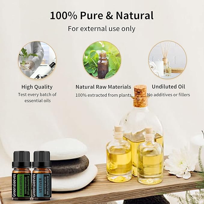 GREENSLEEVES Vetiver Eucalyptus Essential Oil Set, 2 x 10ml Pure Plant-Based Fragrance Oil for Aromatherapy, Essential Oils for Diffuser, Massage, Bath Bomb, Scented Candle Soap Making GREENSLEEVES