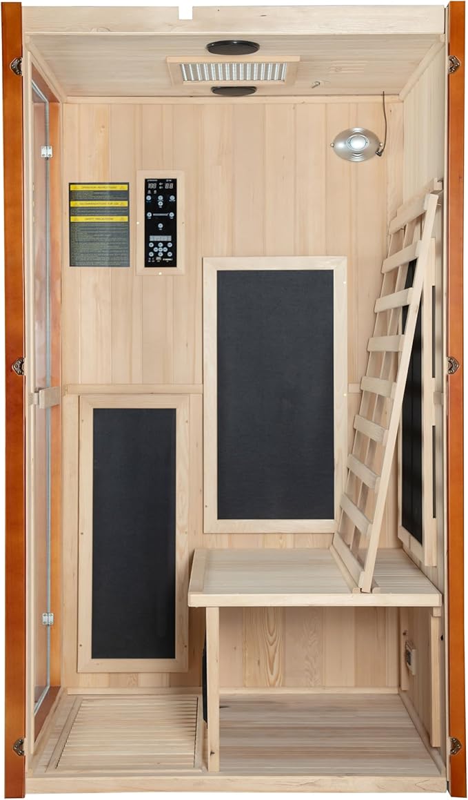 Woodbridge Infrared Home Sauna Room 1 Person Japanese Cedar Indoor Sauna with 7 Carbon Heaters, Red Light Therapy, Bluetooth Speaker, Intelligent Control Panel, Tempered Glass & Top Vent WOODBRIDGE
