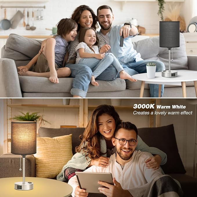 Black Table Lamp for Bedroom Nightstand - 3 Color Temperature Bedside Lamp with USB C and A Ports, Pull Chain Lamp for Bedroom with AC Outlet, Small Lamps Silver Metal Base for Kids Boys/Dorm Room - Bloomnest