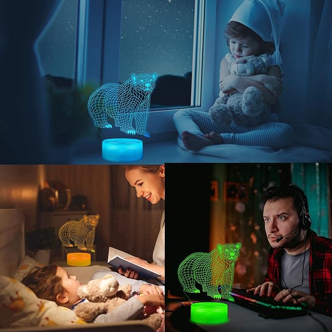 Polar Bear Night Light, 3D Illusion Lamp, RGB16 Colors Changing, Remote Control, Dimmable, Kids Room Decoration, Xmas Bear Gifts - Bloomnest