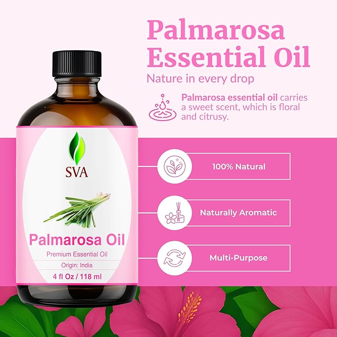 SVA Palmarosa Essential Oil – 4 Fl Oz – 100% Natural Palmarosa Oil - for Diffuser, Hair Care, Face, Skin Care, Aromatherapy, Scalp and Body Massage, Soap and Candle Making – with Dropper - Bloomnest