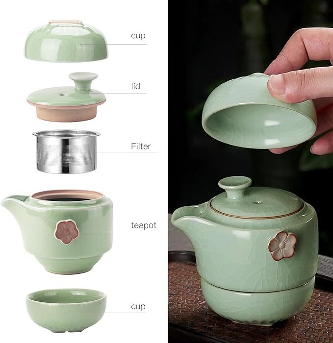 Travel Tea Set Ceramic Tea Pot Set Chinese Kung Fu Teapot Porcelain Gongfu Teacups with Infuser, Portable Bag 1 Pot 2 Mini Cup All in One for Home Office Outdoor Picnic Camping Hotel