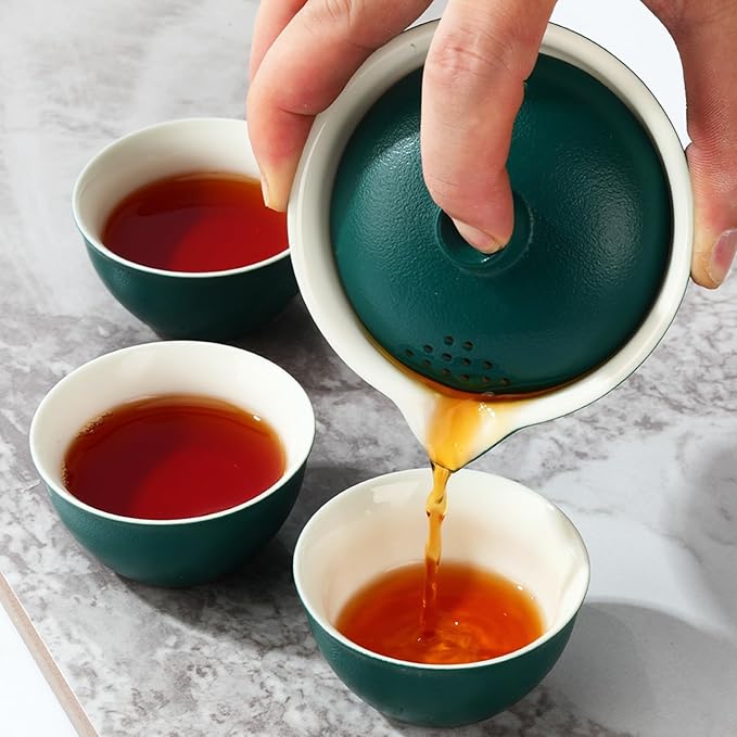 Porcelain Chinese Gongfu Tea Sets for Adults Portable Kungfu Teapot and Cup Set Small Ceramic Tea Party Set Travel Teaset with Lid for Home Gifting Outdoor and Office (Green) - Bloomnest