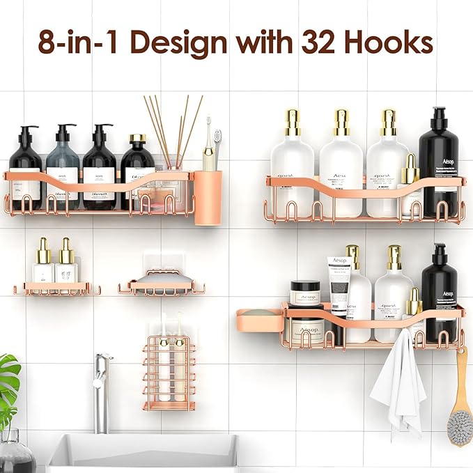 Shower Caddy Adhesive Shower Organizer 8-Pack, Rustproof Stainless Steel Bathroom Shelves, Large Capacity No-Drill Rack Storage Accessories with Soap Dish Toothbrush Holder Hooks - Bloomnest