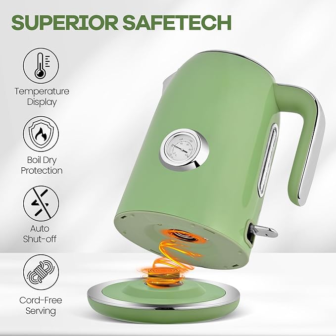 Pukomc Electric Kettle,1.7L Stainless Steel Electric tea kettle with Temperature Gauge, Fast Boiling, Auto Shut - off, BPA - Free, Boil - Dry Protection, (Retro Green) - Bloomnest