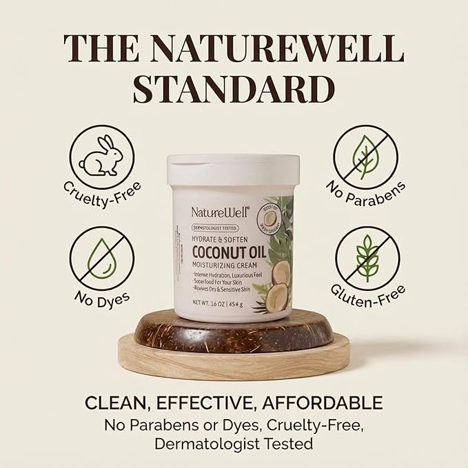 NATURE WELL Hydrate & Soften Coconut Oil Moisturizing Cream for Face, Body, & Hands, Non-Greasy, Intense Hydration & Luxurious Feel, Revives Dry & Sensitive Skin, Superfood for Your Skin, 16 Oz