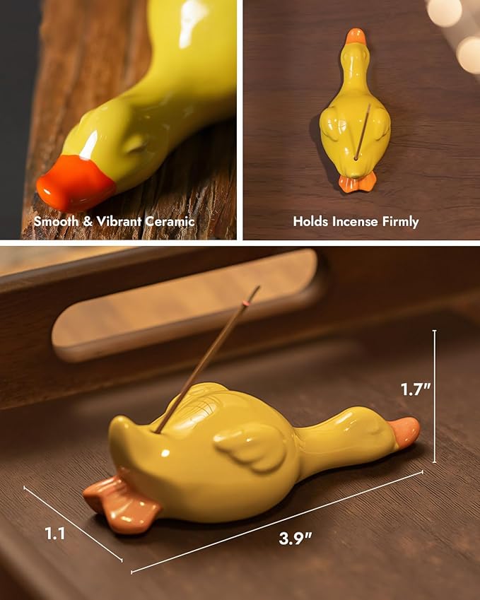 Cozy Duck Incense Stick Holder - Handmade Ceramic Cute Yellow Duck for Aromatherapy, Fun Home Decor & Meditation Gift