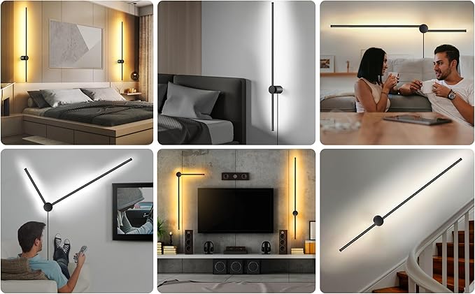 Wall Sconces Set of Two with Remote, Stepless Colors 3000K-6500K & Stepless Dimming, Hardwire or Plug-in, 180° Rotate, LED Black Plug in Wall Sconces with Timer & Night Light, 39.4 Inches - Bloomnest