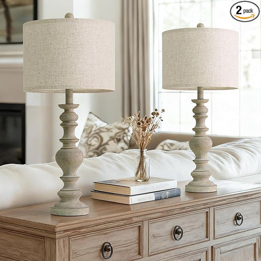 BOBOMOMO 27" Antique Gray Table Lamps Set of 2, Large Farmhouse Resin Lamps with Linen Shades, Vintage Gray Lamps for Living Room, Bedroom, or Console Table Rustic Traditional Décor - Bloomnest