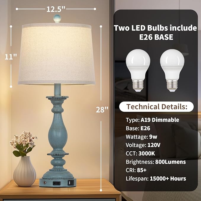 28" Tall Coastal Table Lamps for Living Room Set of 2, Farmhouse Rustic Blue Bedside Touch Lamp with USB C+A Ports & Outlet, 3-Way Dimmable Resin Nightstand Lamps for Bedroom Side End Table - Bloomnest