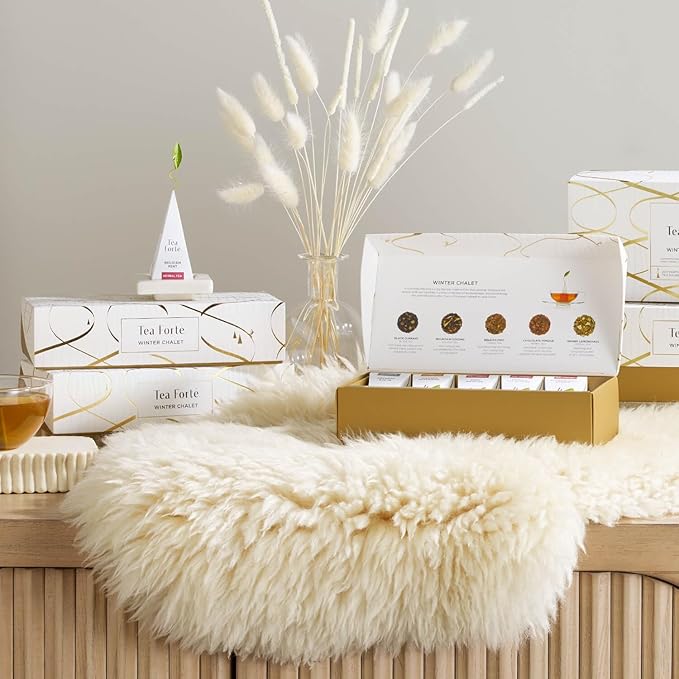 Tea Forte Premium Petite Presentation Box Gift Set Sampler, 10 Count, 2 of Each Blend Individually Wrapped Handcrafted Pyramid Infuser Bags, Winter Chalet