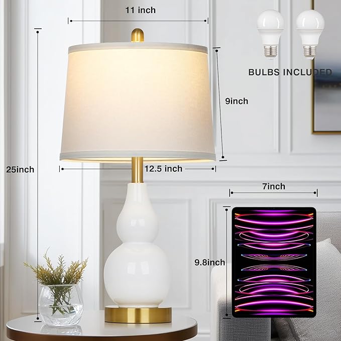 Ceramic Table Lamp for Living Room, 25" Modern Double Gourd Ceramic Lamp for Bedroom White Farmhouse Rustic Classic Bedside Lamp with Round Fabric Shade for Night stand Desk End Tables(Bulb Included) - Bloomnest