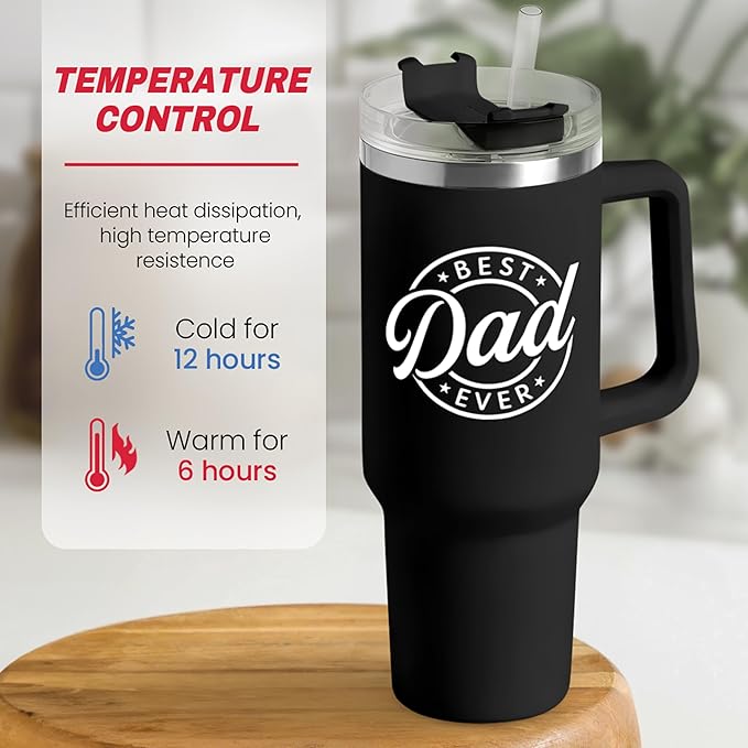 SANDJEST Best Dad Ever Tumbler with Handle - 40oz Stainless Steel Insulated - Dad Gifts for Daughter & Son - Coffee Tumbler for Father's Day, Birthday, Christmas - Cup Gift Set with Lid & Straw - Bloomnest