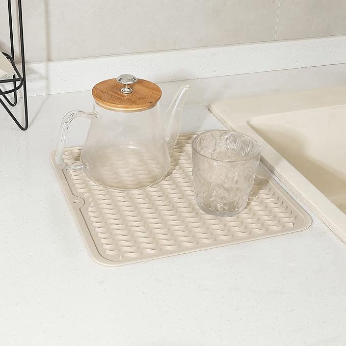 Silicone Dish Drying Mat for Multiple Usage,Easy clean,Eco-friendly,Heat-resistant Silicone Mat for Kitchen Counter or Sink,Refrigerator or Drawer liner Tapioca M 12 inches x 12 inches - Bloomnest