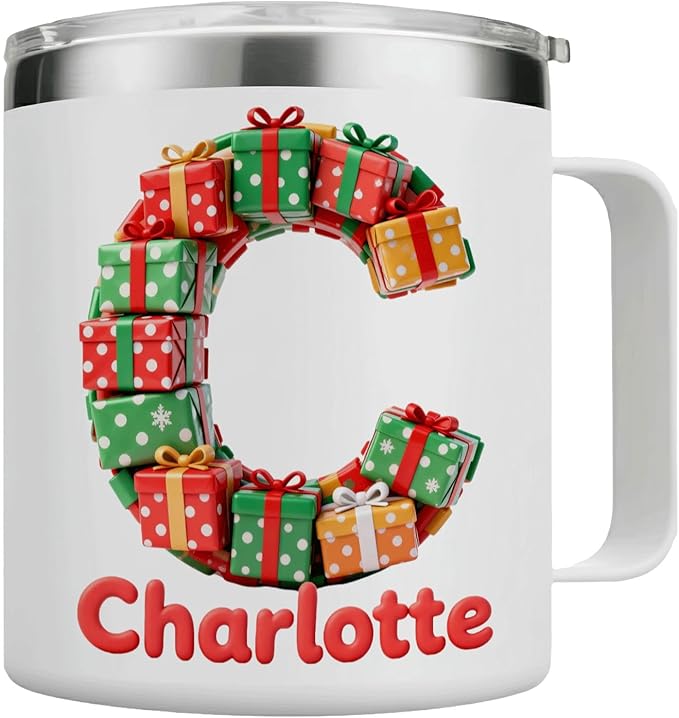 Personalized Christmas Mug with Name, 12oz Insulated Coffee Tumbler with Handle, Custom Present Initial Cup, Festive Holiday Xmas Gift for Women, Her (B06) - Bloomnest
