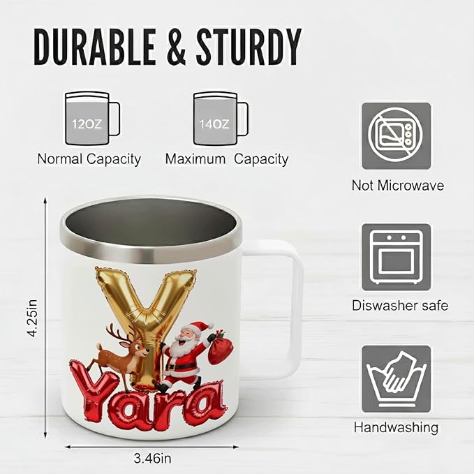 Personalized Christmas Insulated Coffee Mug with Handle – Custom Gold Balloon Initial Letter [S] Double Wall Stainless Steel Travel Tumbler – Unique Holiday Gift for Men, Women, & Kids(B114) - Bloomnest