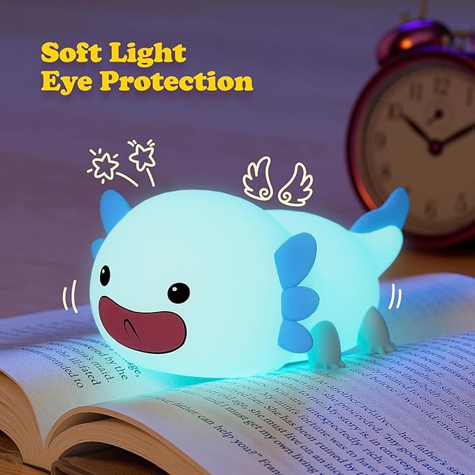 UNEEDE Blue Axolotl Night Light for Kids, Animal Silicone Nursery Night Lamp, Rechargeable Table Lamp, Cute Room Decor Night Light for Bedroom, Living Room, Dining, Desk Decorations, Gift - Bloomnest
