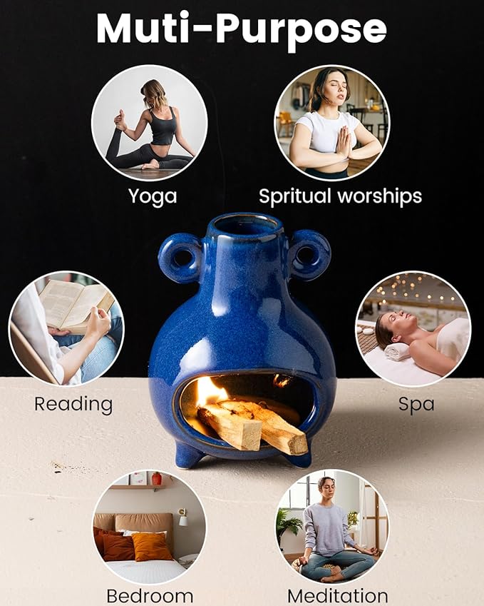 Handcrafted Palo Santo Holder, Incense Candle and Matchstick Mini Chiminea for Meditation Space, Wood Sticks and Bulk Incense, Blue - Bloomnest