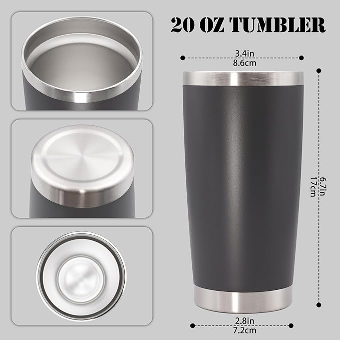 20 oz Tumbler with lid Double Wall Vacuum Insulated Tumblers Stainless Steel Coffee Mug Travel Coffee Tumbler Powder Coated Tumbler Cup Keep Hot&Cold - (Grey 6 Pack) - Bloomnest
