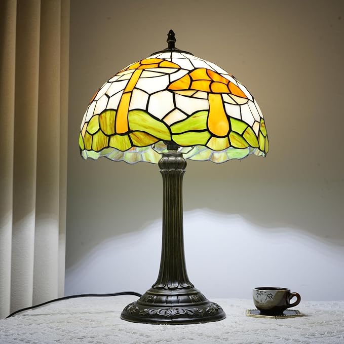 uniquel Vintage Orange mushroom Tiffany lamps Retro Style Stained Glass Table Lamp Cute Aesthetic Bedside Lamp for Bedroom nightstand Night Stand Lighting reading cottage decor desk lamp 12 inch E26 - Bloomnest