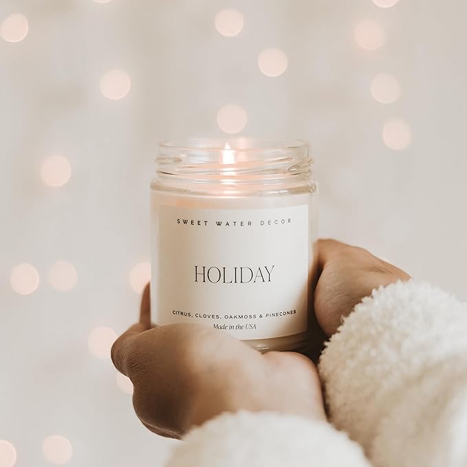 Sweet Water Decor Holiday Candle | Cloves, Pine, and Sandalwood Festive Christmas Winter Scented Soy Candles for Home | 9oz Clear Jar, 40 Hour Burn Time, Made in The USA - Bloomnest