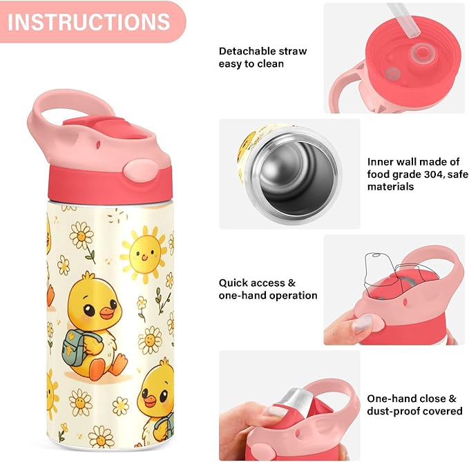 Little Yellow Duck Flower Kids Insulated Water Bottle, Toddlers Tumbler Travel Cup with Straw & Handle Stainless Steel Cup for Travel School Girls 12 oz - Bloomnest