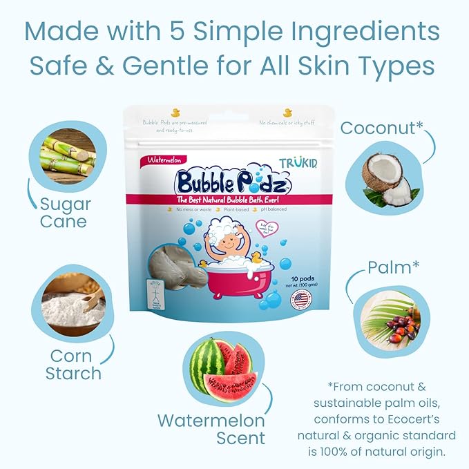 TruKid Bubble Podz Bubble Bath for Kids, Toddlers, & Babies, Tear Free Gentle & Refreshing Bath Bomb for Sensitive Skin with Natural Moisturizers, Non-Toxic, pH Balanced, Watermelon Scent (60 Podz) - Bloomnest