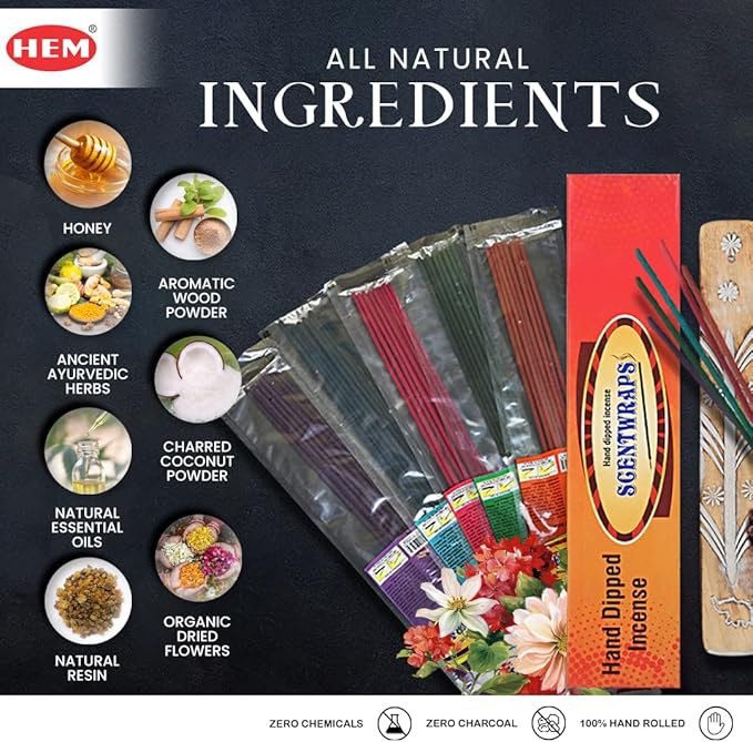 Hem Incense Sticks -10 Scents Veriety Pack 12 Sticks Each-11 Inches, 120 Total Stick- with Natural Inscent Holder, Aromatic Assorted Hand Dipped Insense-Sticks