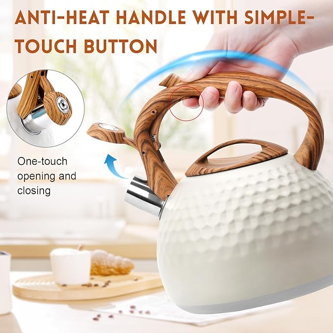 GGC Tea Kettle for Stove Top, Loud Whistling Kettle for Boiling Water Coffee or Milk, 3.1 Quart 3L Heavy Stainless Steel White Kettles with Wood Pattern Handle, Unique Button Control Kettle Outle - Bloomnest