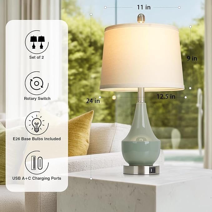 Modern Green Table Lamp Set of 2, 24" Ceramic Table Lamp with USB A+C Ports,Classic Beside Lamps Nightstand Lamp Modern Lamp for Living Room, Bedroom & Office -LED Bulbs Included - Bloomnest