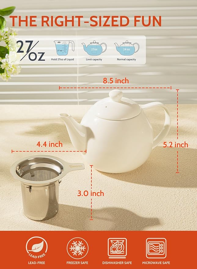 Sweese Teapots for Tea, 27 oz Porcelain Tea pot with Removable Stainless Steel Infuser, Tea Pots for Loose Tea - White - Bloomnest