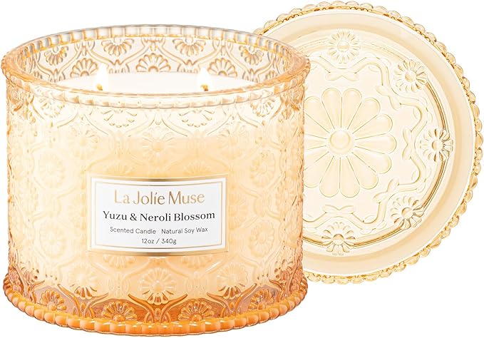 LA JOLIE MUSE Yuzu & Neroli Blossom Candle - Yuzu, Orange Blossom, Cedarwood | 12 oz Large 2-Wick Soy Wax Candle | 60 Hours Clean Burn | Citrus Scented Candle | Elegant Home Décor - Bloomnest