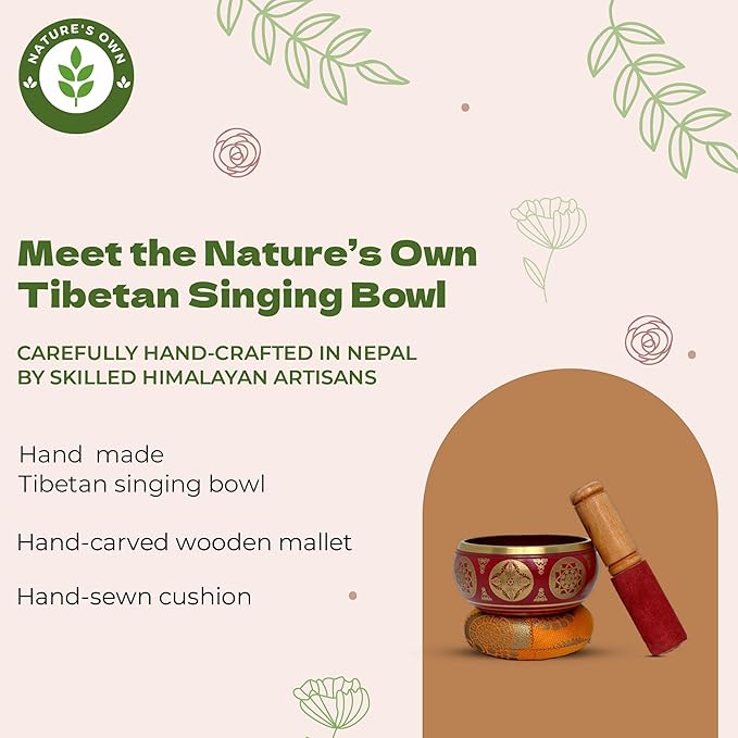 Nature's Own Tibetan Singing Bowl Set- Easy to Play- Meditation Sound Bowl Handcrafted in Nepal for Yoga, Mindfulness, Chakra Healing, Stress Relief- Spiritual Gifts for Women and Men (3.5 Inch, Red) - Bloomnest
