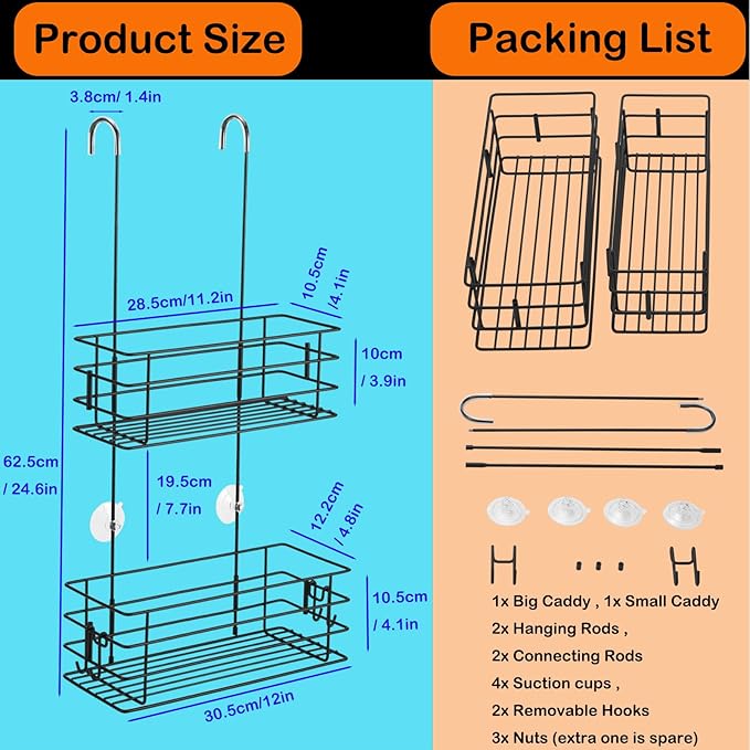 Shower Organizer Hanging Shower Caddy with Rotatable Hook bar Over the Door and Can be Hung on the Faucet or Claw Foot, Stainless Steel Rust Proof and Durable （Black） - Bloomnest