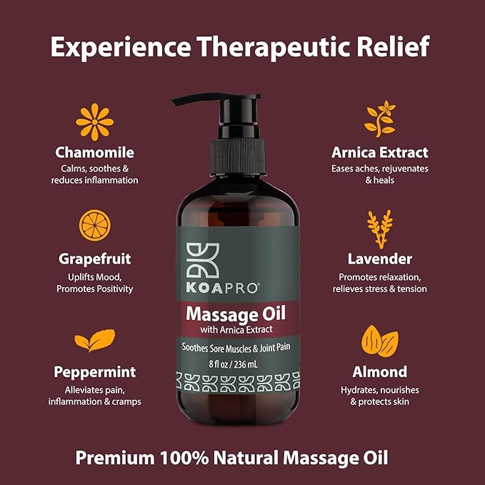 KOAPRO Massage Oil for Massage Therapy - Arnica for Pain Relief, Premium Body Massager Oil for Sore Muscles and Bruises with Lavender, Deep Tissue Anti Cellulite Massage Oil 8 Fl Oz