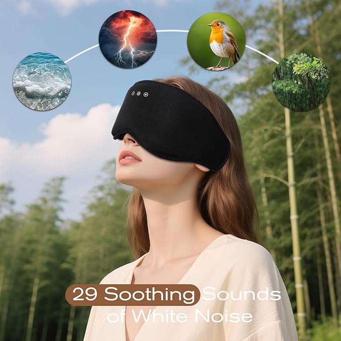 Sleep Eye Mask with Wireless Headphones - 29 Soothing White Noise Sounds, 3D Zero Pressure Eye Maks for Women & Men, Blackout Sleeping Masks for Side Sleeper, Removable Eye Cover (Black) - Bloomnest