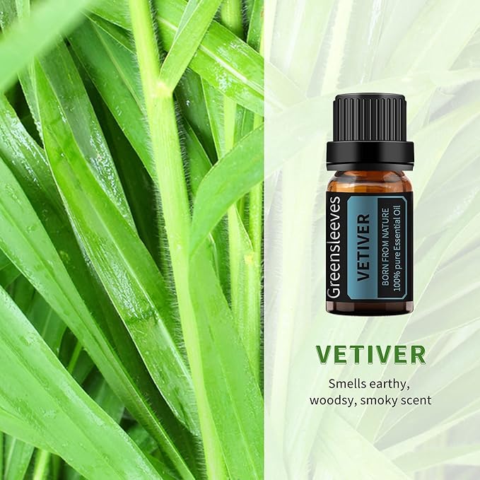 GREENSLEEVES Vetiver Eucalyptus Essential Oil Set, 2 x 10ml Pure Plant-Based Fragrance Oil for Aromatherapy, Essential Oils for Diffuser, Massage, Bath Bomb, Scented Candle Soap Making GREENSLEEVES