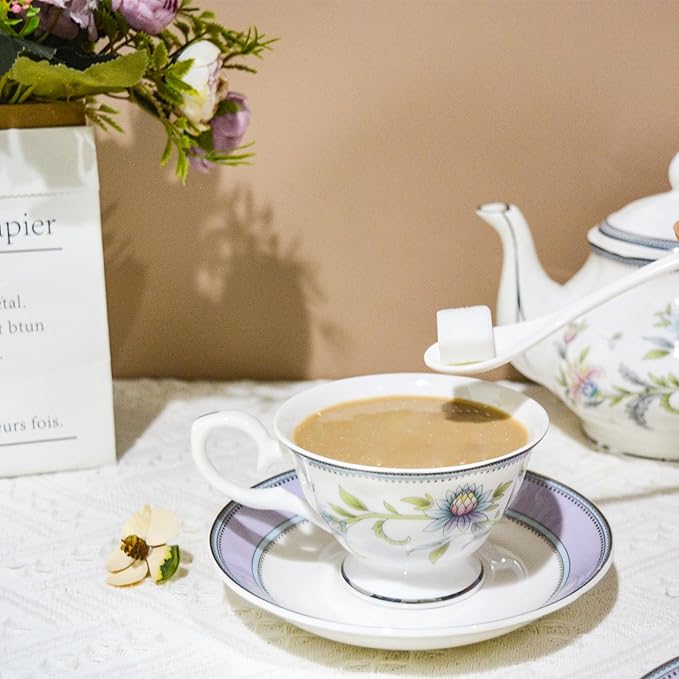 Bone China Tea Set, 21-Pieces Porcelain Tea Set for Adults, Tea Cups And Saucers for 6, with Teapot, Spoons, Sugar Bowl, Creamer Pitcher, Vintage Tea Set for Women Tea Party (Purple) - Bloomnest