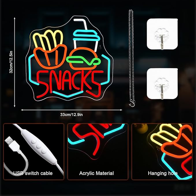 Lucunstar Snack Burger Fries Neon Sign LED Sign for Burger Shop Decor Hamburger LED Neon Light USB Connectivity Neon Sign with Dimming switch for Restaurant Kitchen Store Party Bar Sign - Bloomnest