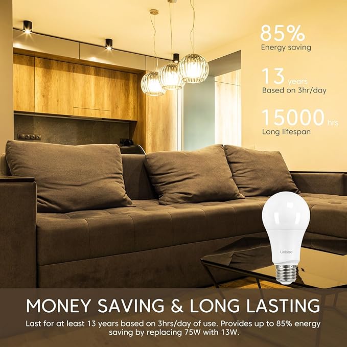 Linkind A19 LED Light Bulbs, 75 Watt Equivalent Dimmable Light Bulbs, E26 Base, 2700K Soft White, 13W 1100 Lumens, UL Listed FCC Certified, Lighting for Bedroom Living Room Home Office, 6 Packs - Bloomnest