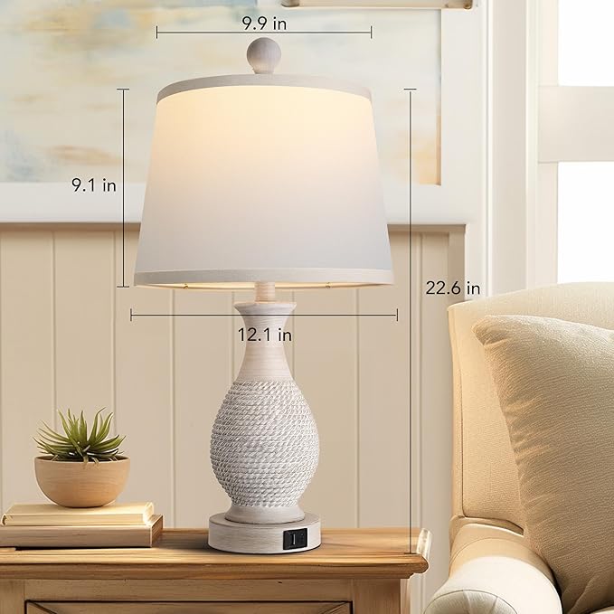 PARTPHONER Traditional Table Lamps Set of 2, Bedside Touch Lamp with USB C+A Charging Ports, Rustic Farmhouse Table Lamps for Living Room Bedroom, Side Table Lamp with White Fabric Shade, Antique Grey - Bloomnest