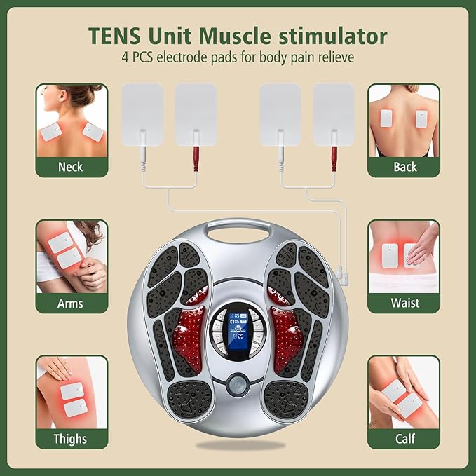 EMS Foot Massager for Neuropathy, TENS Electronic Muscle Circulation Stimulator with 4 Electrode Pads,Relieves Swelling, Fatigue, Plantar Fasciitis Silver - Bloomnest