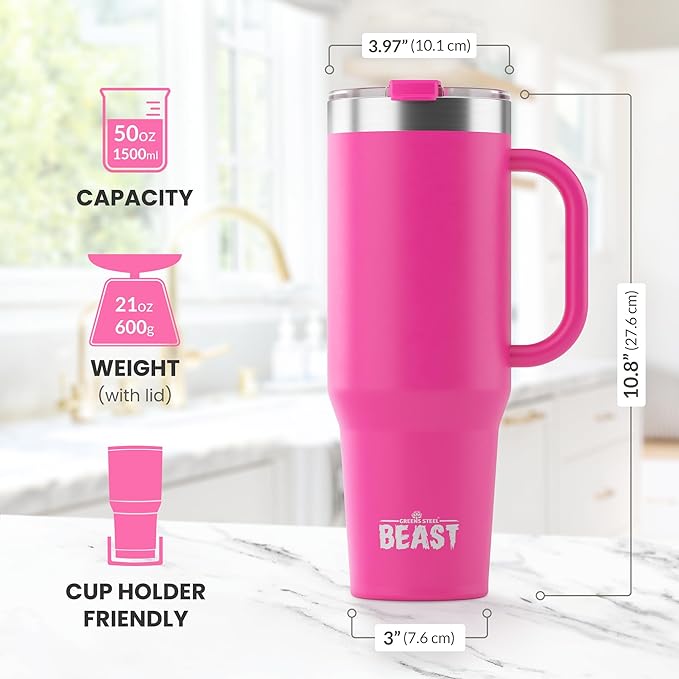 Beast 50 oz Tumbler Stainless Steel Vacuum Insulated Coffee Ice Cup Double Wall Travel Flask (Cupcake Pink) - Bloomnest