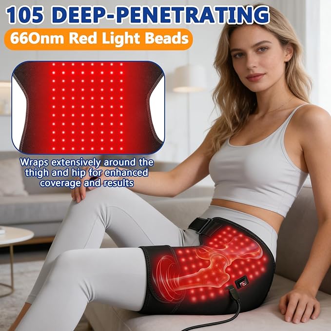 Red Light Therapy for Hip, 105 Lamp Beads USB Powered Hip Brace with 3 Heat Levels, Foldable Heating Pad for Legs, Thighs & Buttock, Unisex Wearable Red Light Hip Therapy Device Bloomnest