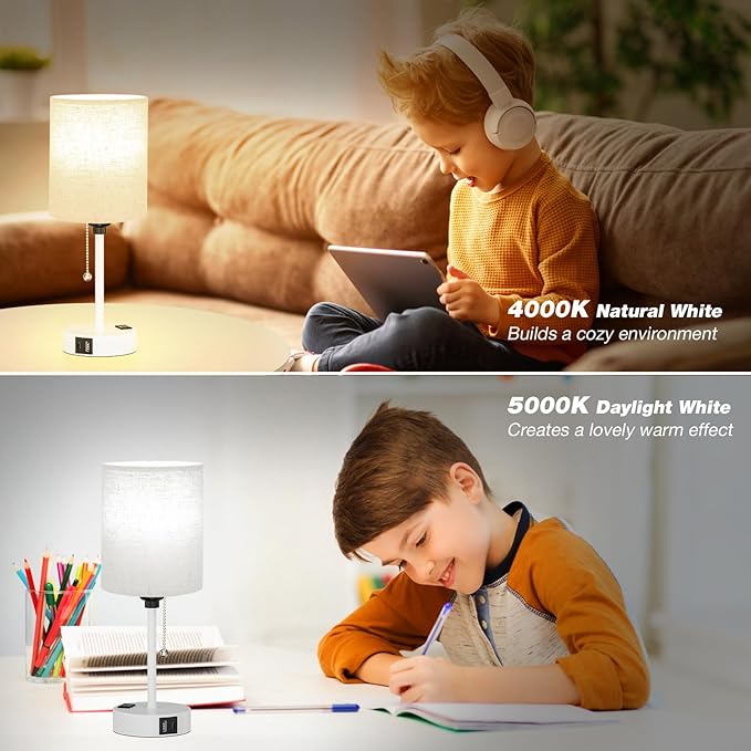 Small Bedside Lamp for Bedroom Nightstand - 3000K 4000K 5000K Bedside Lamps with USB C and A Ports, Pull Chain Table Lamps with AC Outlet, Nightstand Lamps with White Metal Base for Kids Reading - Bloomnest