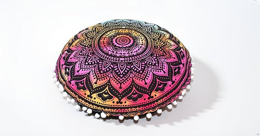 CRAFT KALA Large Round Bohemian Floor Pillow Pouf Cover Mandala Meditation Room Pillow Cover for Adults Boho Seating Poufs Cushion Cover for Kids Playroom 32" Round Multi Ombre - Bloomnest