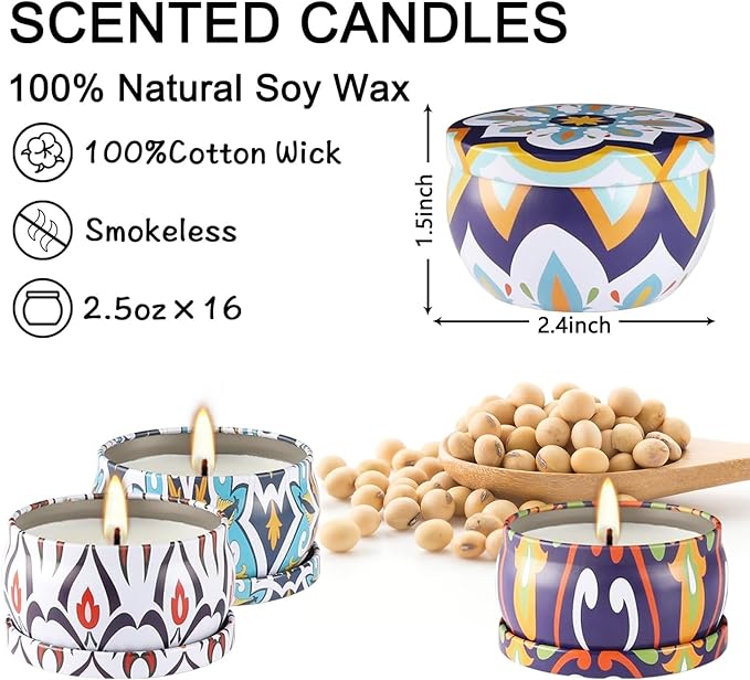 Scented Soy Wax Travel Tin Jar Candles - 2.5 OZ Gifts for Home, Mom - Christmas, Birthday, Thanksgiving, Mother's Day - 16 Pack - Bloomnest